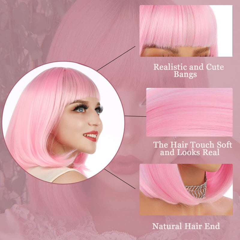 eNilecor Short Bob Hair Wigs 12" Straight with Flat Bangs Synthetic Colorful Cosplay Daily Party Wig for Women Natural As Real Hair+ Free Wig Cap (Light Pink) - Image 5